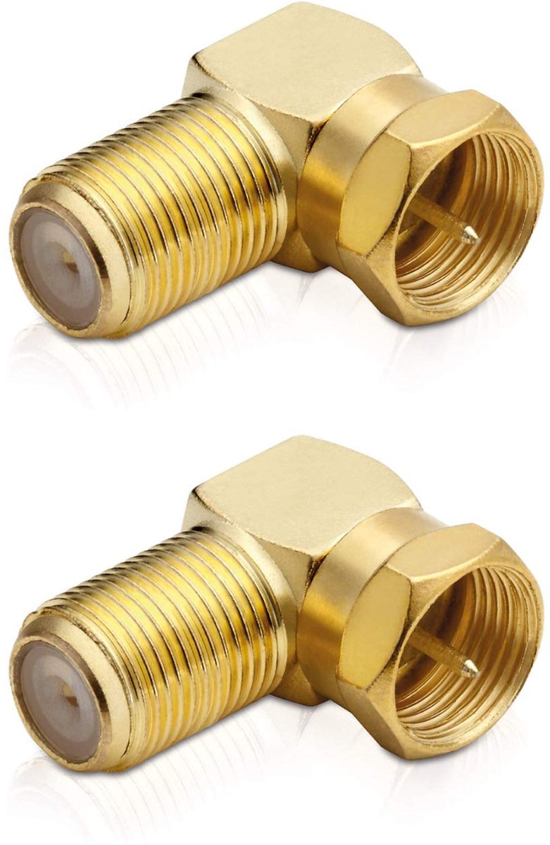 2 x SAT-F-stekker | hoekadapter 90 graden | F-stekker > F-bus 90° | schuine F-hoekstekker TV | F-adapter voor antennekabel, satellietkabel coaxkabel | verguld | 2 stuks