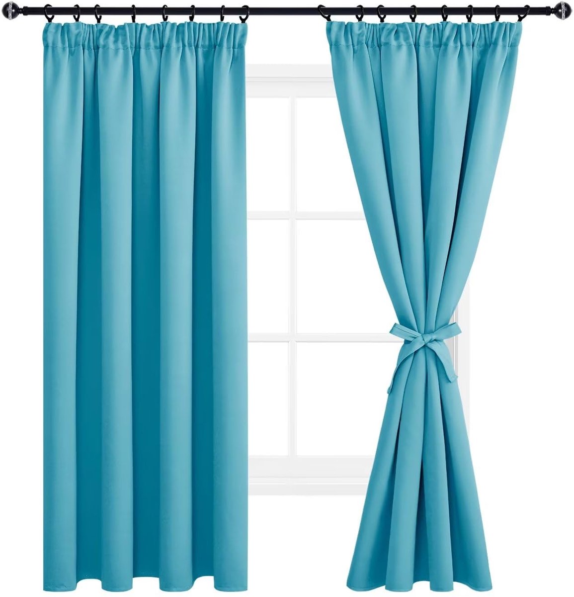 Verduisteringsgordijnen Plooiband in Zacht Stof met Riemen, 140x200 cm (B x H), Turquoise, 2 stuks, Gordijn Warmte-isolerend Gordijnen voor Slaapkamer, Woonkamer