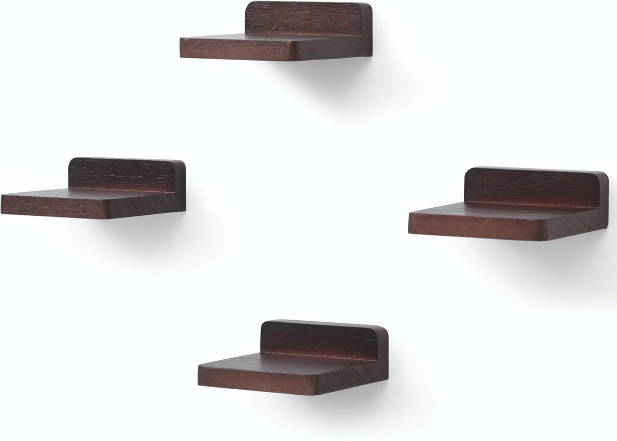 Zwevende Planken voor Muur, Set van 4, Houten Vierkante Pplank voor Kleine Voorwerpen, Hangende Mini-plankdecoratie, 10,2x10,2x4 cm(Walnoot)