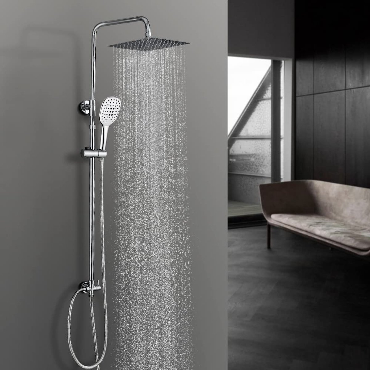 Douchesysteem Regendouche Doucheset Edelstahl Zonder Kraan In hoogte verstelbaar Badkamer Douche Wandset Bad met Roestvrij Stalen Hoofddouche(Chroom 20x20).