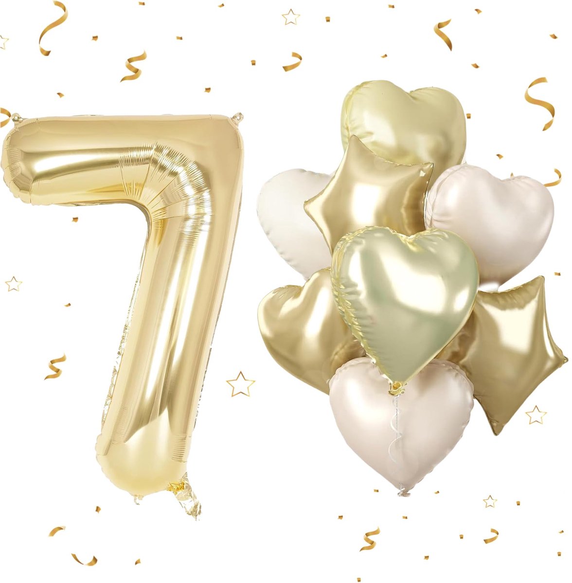 7e verjaardag, gouden verjaardagsdecoratie 7 jaar met enorme folieballon 7 crème goud hart ster folieballonnen voor 7e verjaardag jongen meisje verjaardagsdecoratie feest