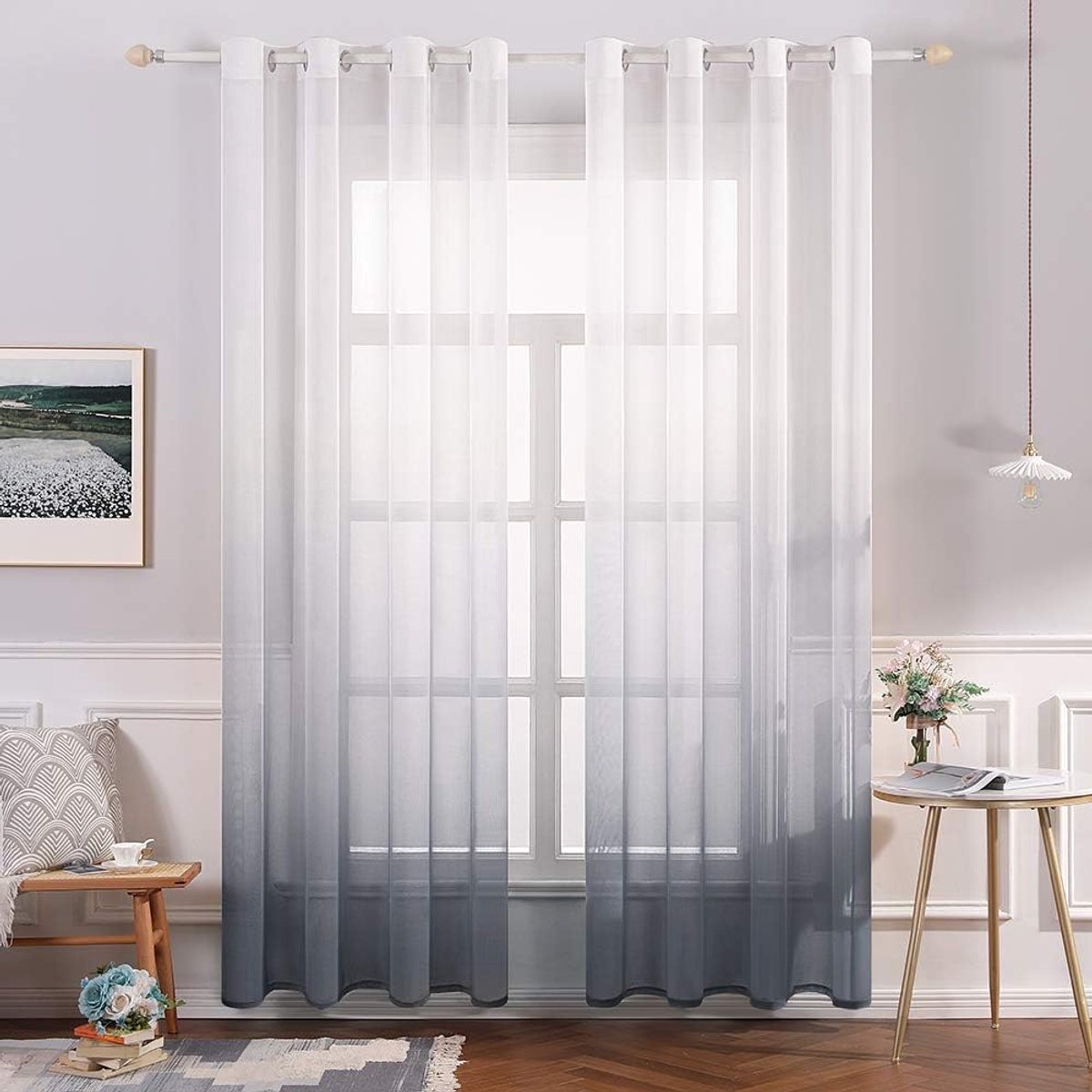 Voile, transparante gordijnen met ogen, verticaal, voor woonkamer en slaapkamer, 2 panelen, 140 x 137 cm, grijs