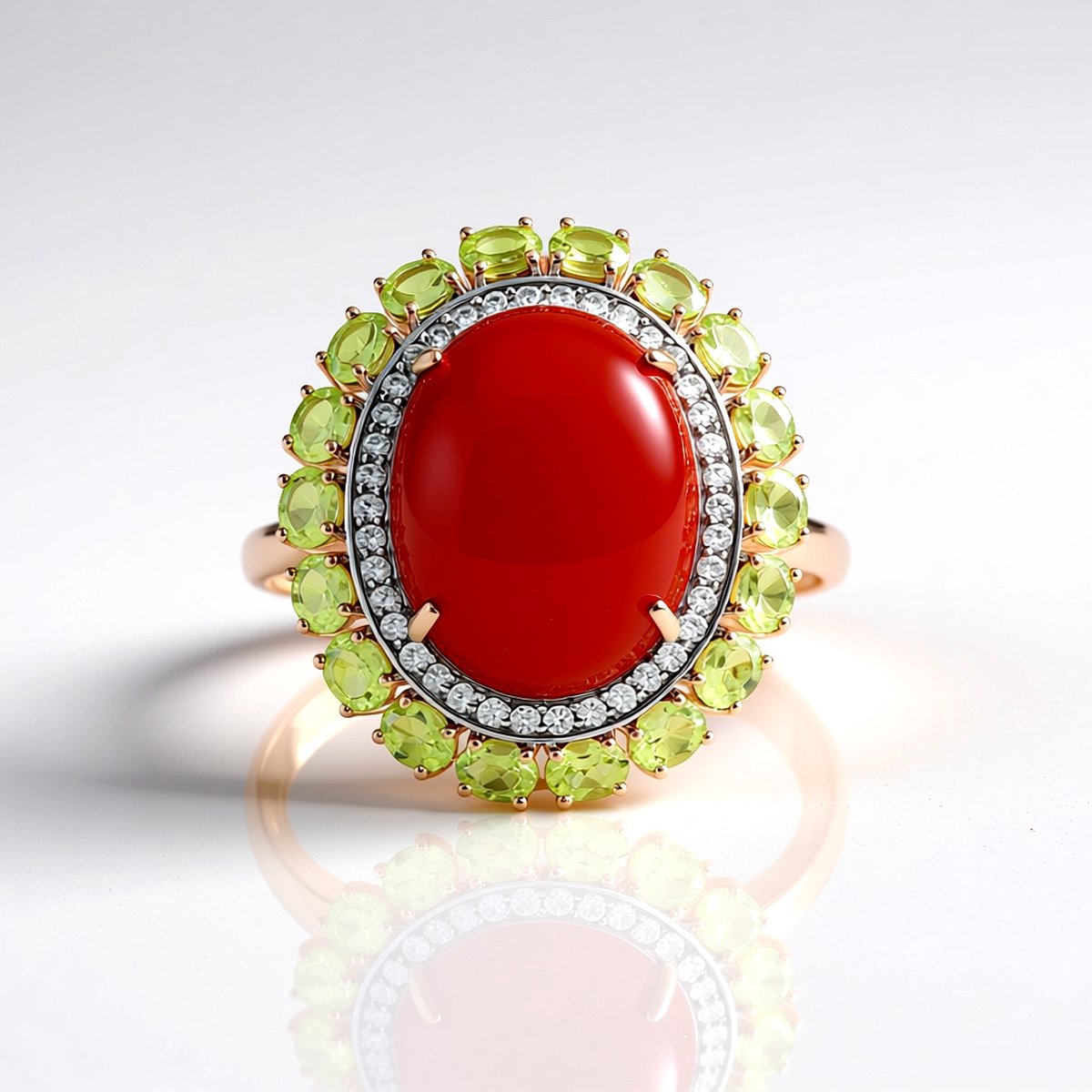 Cavill - Zilveren ring - 925 sterling zilver roségoud verguld - Carneool ovaal cabochon 13,5 ct - Peridoot 3,24 ct - Zirkonia - Elegante damesring