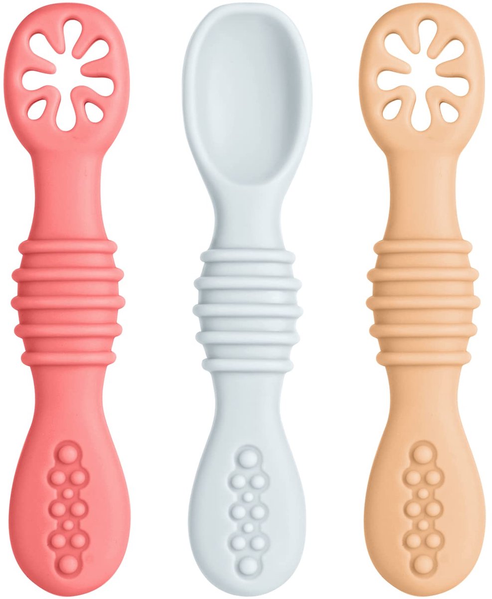 Vicloon 3 Stuks Baby Feeding Lepels, Babybestek met Antislip-Handgrepen, Veilig Kinderbestekset voor Links en Rechtshandigen, voor Kinderen Zelfvoeding