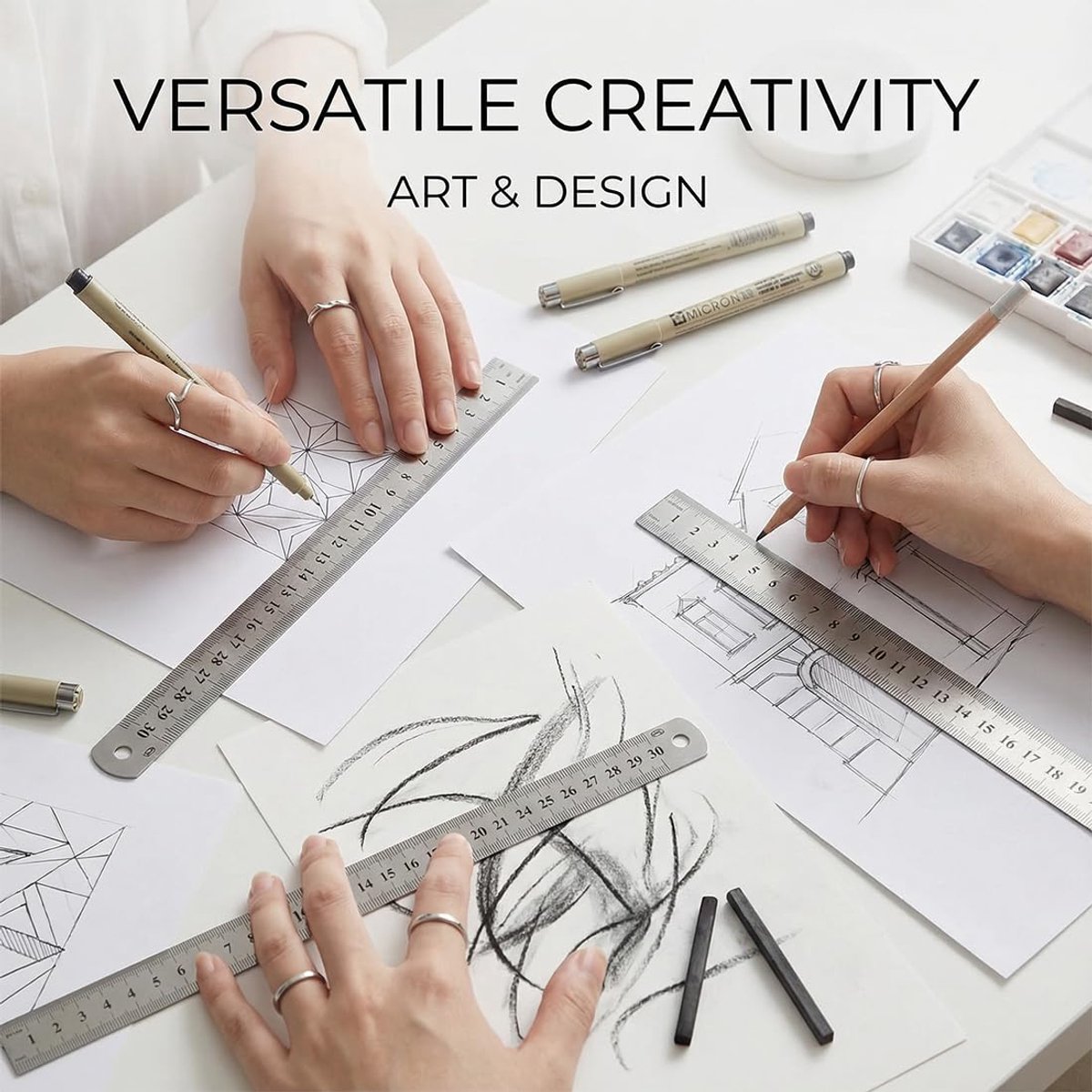Set van 3 linialen van roestvrij staal met dubbelzijdige schaal, meetinstrument voor school, kantoor, tekening, techniek (15 cm, 20 cm, 30 cm)