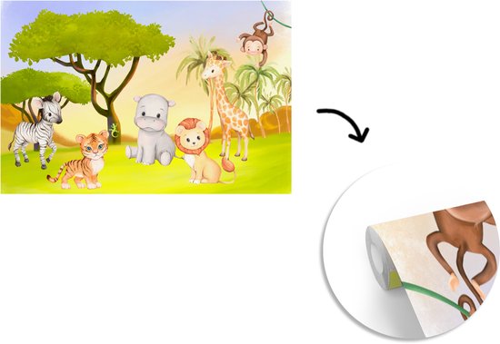 Detailopname van een rol fotobehang met jungle dieren: zebra, tijger, nijlpaard, leeuw, giraf en aap.