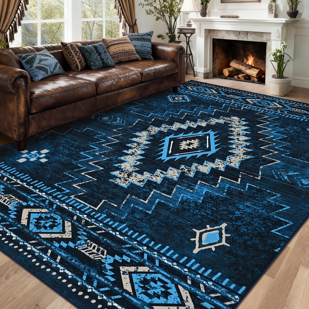 Vloerkleed voor de woonkamer, laagpolig, antislip, zacht, wasbaar, keukentapijt, vintage geometrisch patroon, loper voor slaapkamer, kinderkamer, keuken, ingang, blauw, 160 x 230 cm