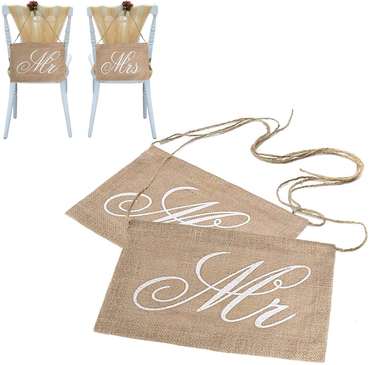 Stoelhoes voor bruiloft, decoratie, stoel, Mr Mrs Burlap, president, banner, stoel, set, Schrijf Garland Rustiek Wedding Party