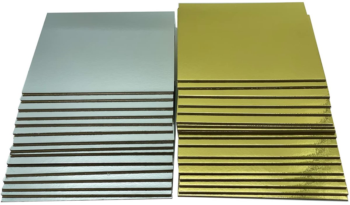 board set cakebord vierkant in goud EN zilver van 3 mm dik karton in verschillende hoeveelheden voor serveren en transporteren, ook voor buffetten