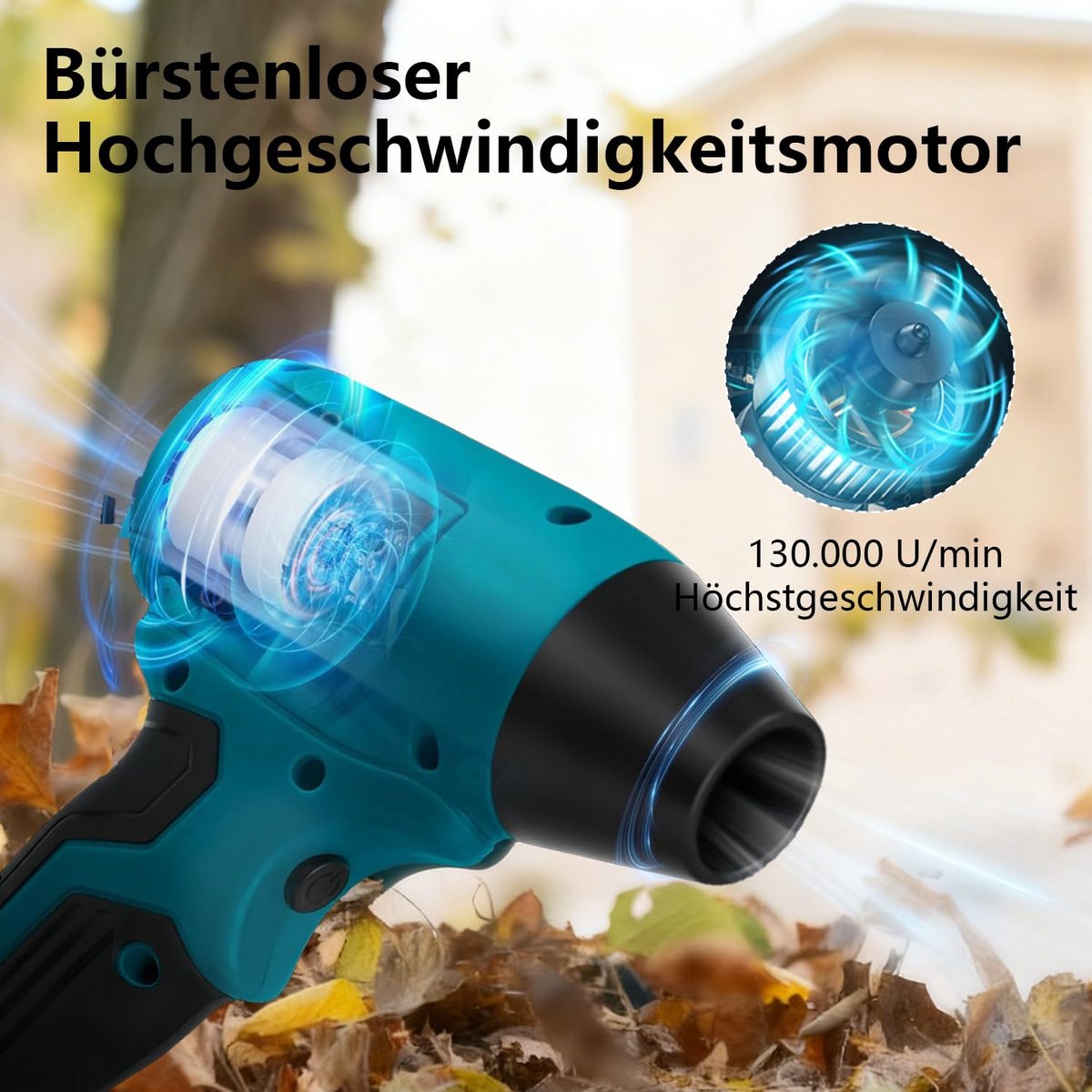 compatibel met Makita 18 V accu's, mini-bladblazer met 5 sproeiers, 30 m/s luchtsnelheid, 130.000 omw/min borstelloze motor, draagbare bladblazer voor het verwijderen van bladeren, stof en – foto 2