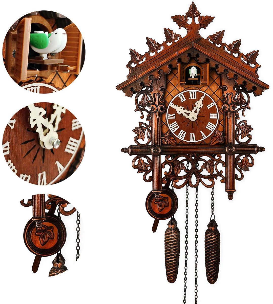 Klokken voor muur, handgemaakte houten koekoeksklok met werkende vogel, met volumeregeling, stil 's nachts, antieke kwarts wandklok woonkamer, café, kantoordecoratie