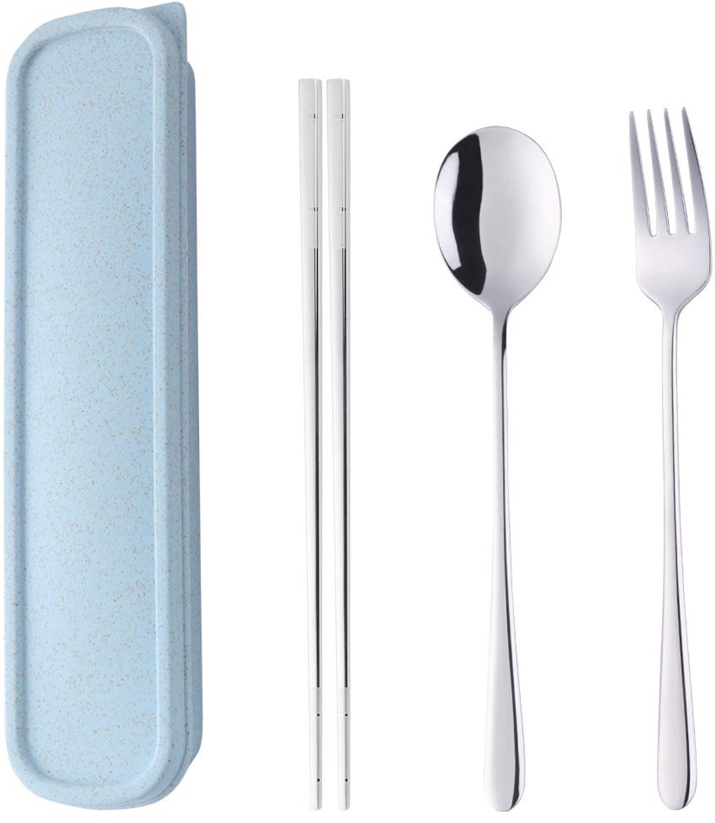outdoor reisbestek set zilver camping bestek to go picknick school kantoor lunch servies voor 1 persoon roestvrij staal eetstokjes lange tafelvorken soeplepels tarwestro geschenkdoos