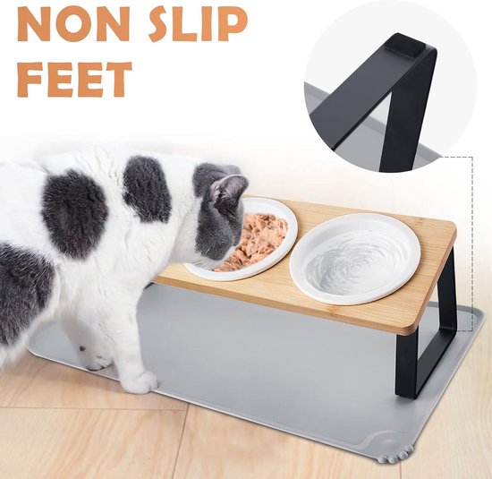 Verhoogde kattenbak, set van 3 keramische voerbakken met bakonderlegger, siliconen - 15° gekanteld voederstation hondenbak, voederbak en waterbak voor katten en kleine honden — afbeelding 4