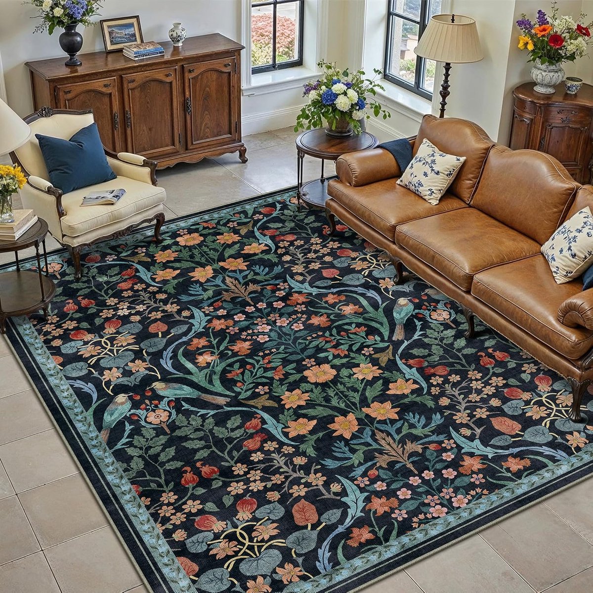 Vloerkleed voor de woonkamer, 160 x 230 cm, bloemenpatroon, wasbaar, laagpolig, antislip, zacht, retro, boho, voor slaapkamer, eetkamer, slaapkamer, keuken, woonkamer, blauw