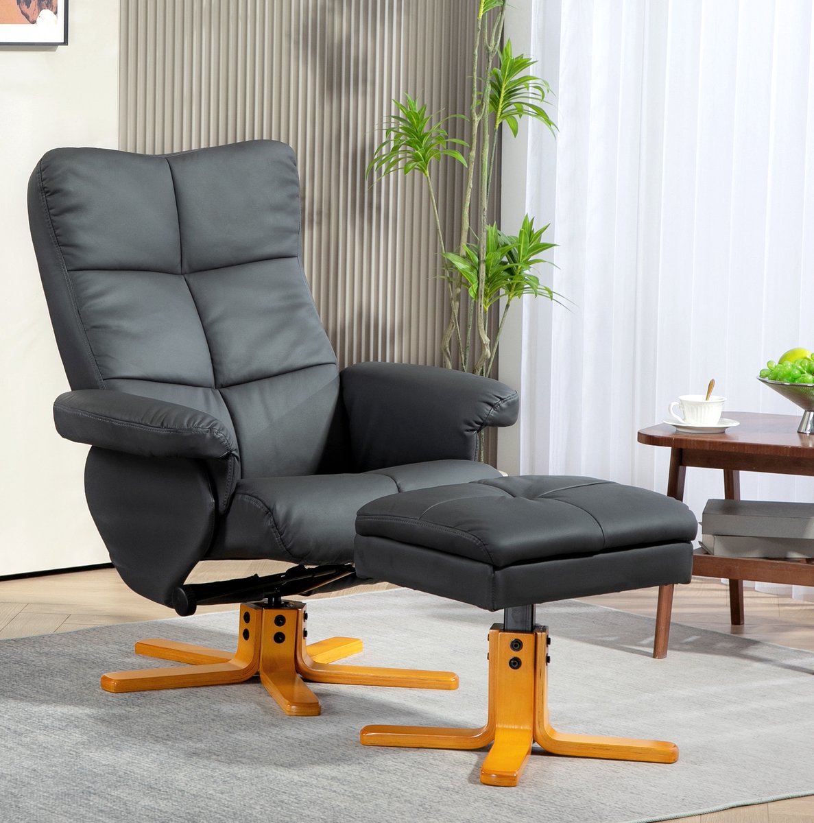 MEUNIQ Relaxfauteuil met hocker en opbergruimte, 80 x 86 x 99 cm, 145° handmatig verstelbare rugleuning, 360° draaibaar, kunstleer, woonkamer of slaapkamer, donkergrijs