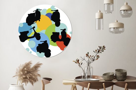 Illustration avec silhouettes d'un Vespa Wall cercle aluminium ⌀ 120 cm - tirage photo sur cercle mural / cercle vivant / cercle jardin (décoration murale) XXL / Groot format!