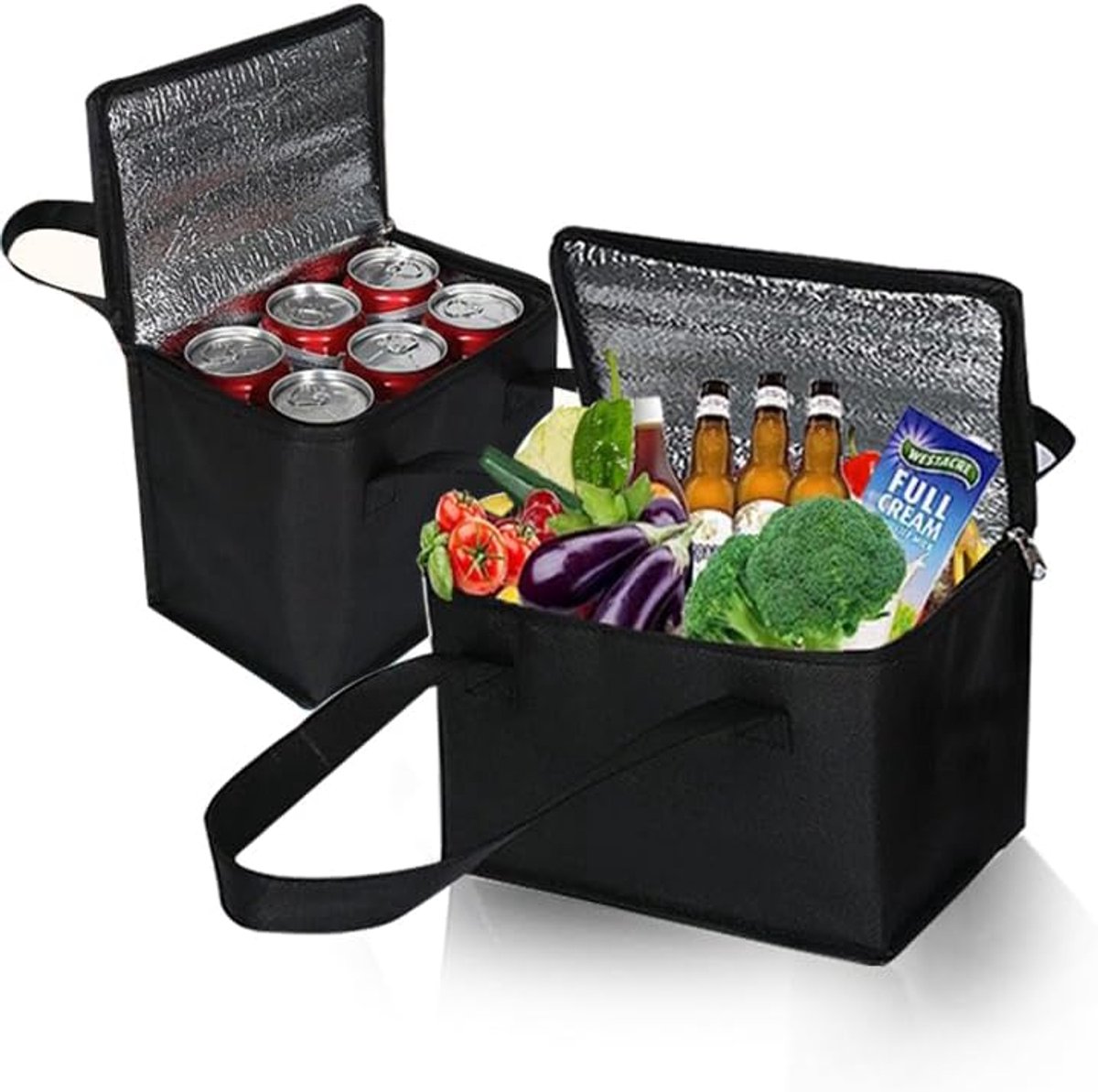 2 stuks opvouwbare koeltas, boodschappentas, klein, 5 l/7 l, met koelvak, thermo, voor kantoor, werk, outdoor, reizen, ideaal als isolatietas, boodschappenmand, picknicktas (zwart)