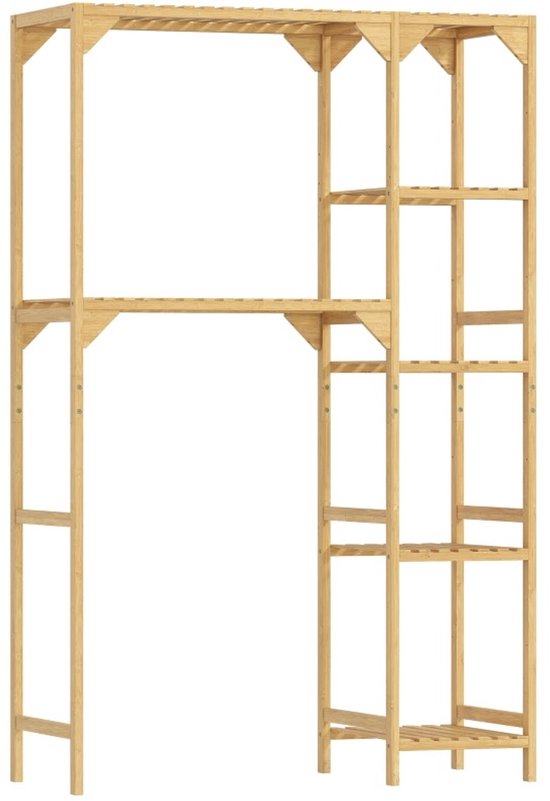 MEUNIQ wasmachinerek 100 x 40 x 157 cm met 7 open schappen, verstelbare zijplanken, boven wasmachine of droger, bamboe opbergrek voor wasruimte, Naturel — afbeelding 2