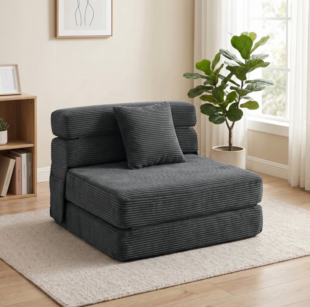 MEUNIQ 2-in-1 vloerfauteuil en uitklapbare slaapstoel 100 x 76 x 62 cm, boneless design met lendenkussen en zijvakken, cord-look stof, donkergrijs
