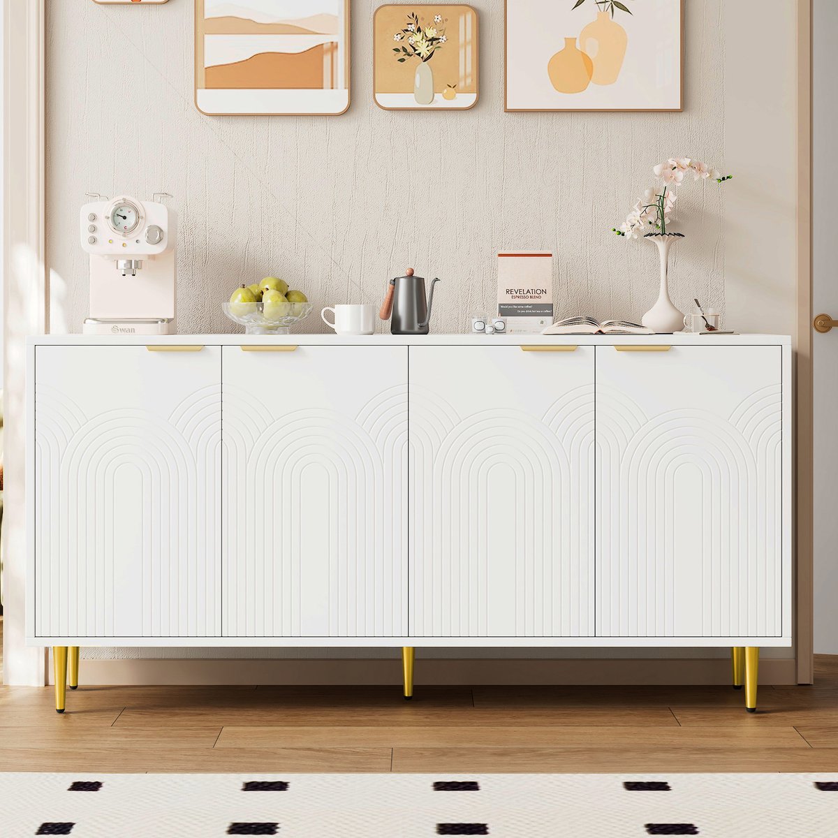 Zubaliya Sideboard wit met gouden accenten - 160 x 40 x 80 cm - 4 deuren met reliëf en geborstelde gouden grepen - hoogglans poten en softclose scharnieren - verstelbare planken voor flexibele opbergruimte