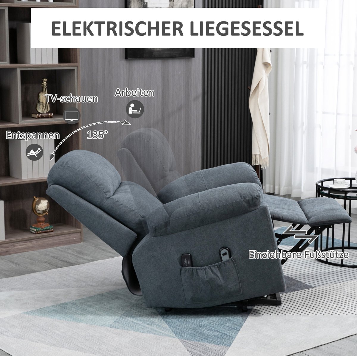 Wishdor - Massagestoel met opsta-functie - Elektrisch verstelbaar - Relaxfauteuil voor woonkamer - Grijs linnen - 89 x 99 x 103 cm