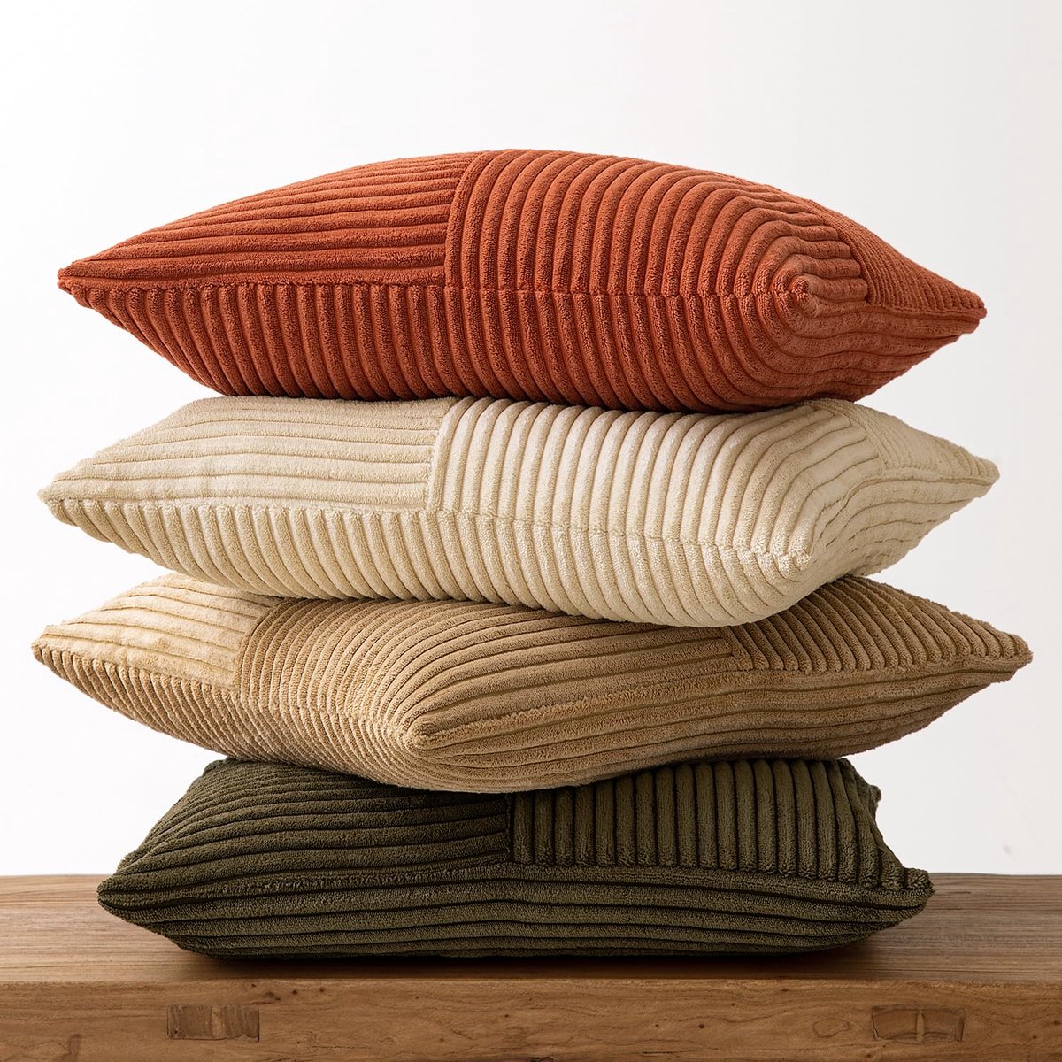 Set van 4 kussenhoezen met kordsamt, patchwork, zachte dekkussens, modern, onzichtbare ritssluiting, sofakussen, sierkussens voor bank, woonkamer, slaapkamer, bruin, groen, serie, 50 x 50 cm