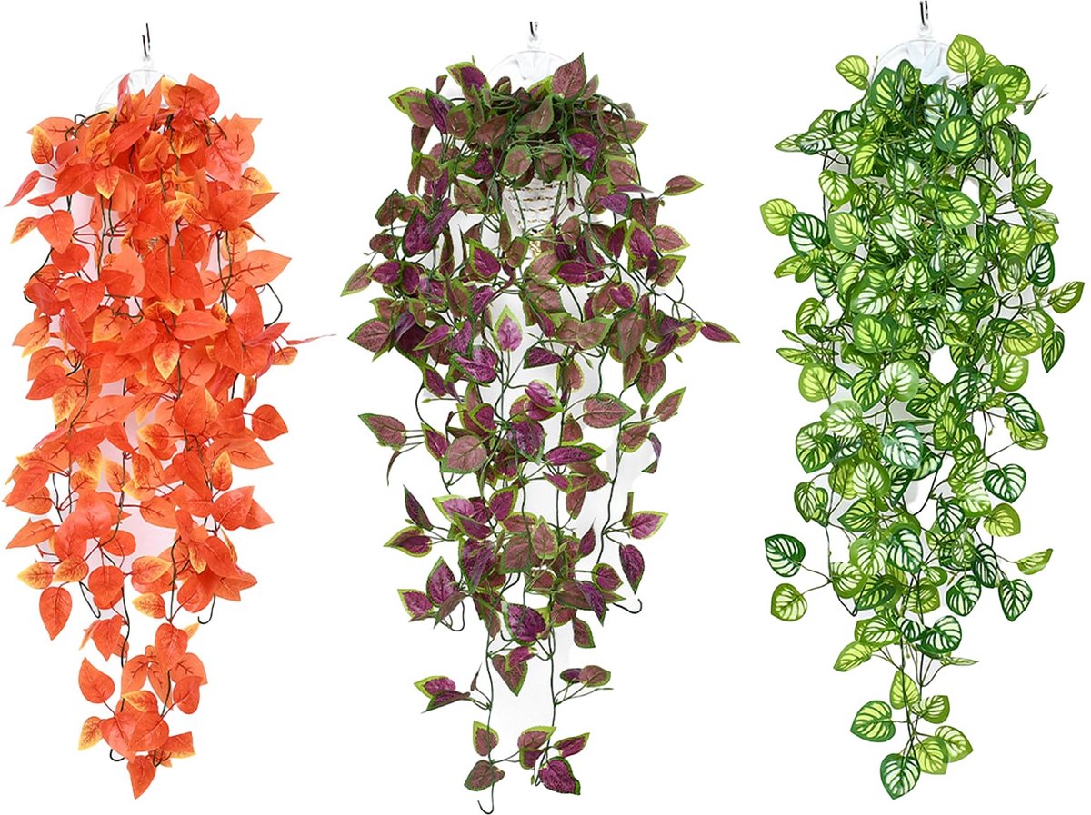 3 stuks hangende kunstplanten, 100 cm lange nep-klimop kunstplanten wijnstokken groen, plastic planten voor binnen en buiten, voor balkon, tuin, wanddecoratie (C)