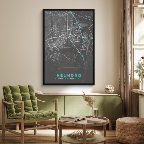 Poster in lijst - Fotolijst 80x120 cm - Posters - Plattegrond - Helmond - Grijs - Blauw - Posterlijst zwart - Decoratie - Wanddecoratie woonkamer - Muurdecoratie slaapkamer