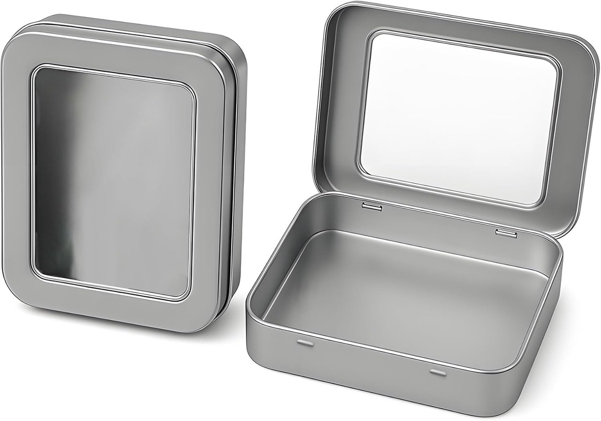 Doosjes met Venster (11,5 x 8,5 x 2,2 cm) – Rechthoekige Mini Opbergdoos met Transparant Deksel, Blik met Scharnier, Minibox voor Kleine Voorwerpen (Zilveren, 2 st.)