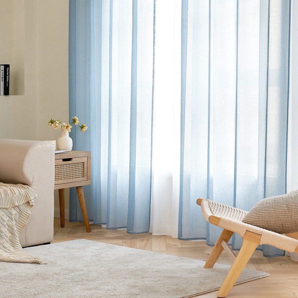 Raamgordijnen, Glad, Panelen, Raamvitrage, Gordijnen, Elegante behandeling voor Slaapkamer, Woonkamer, Gordijnen met ringen, 2 Panelen, 140 x 245 cm, Nijlblauw