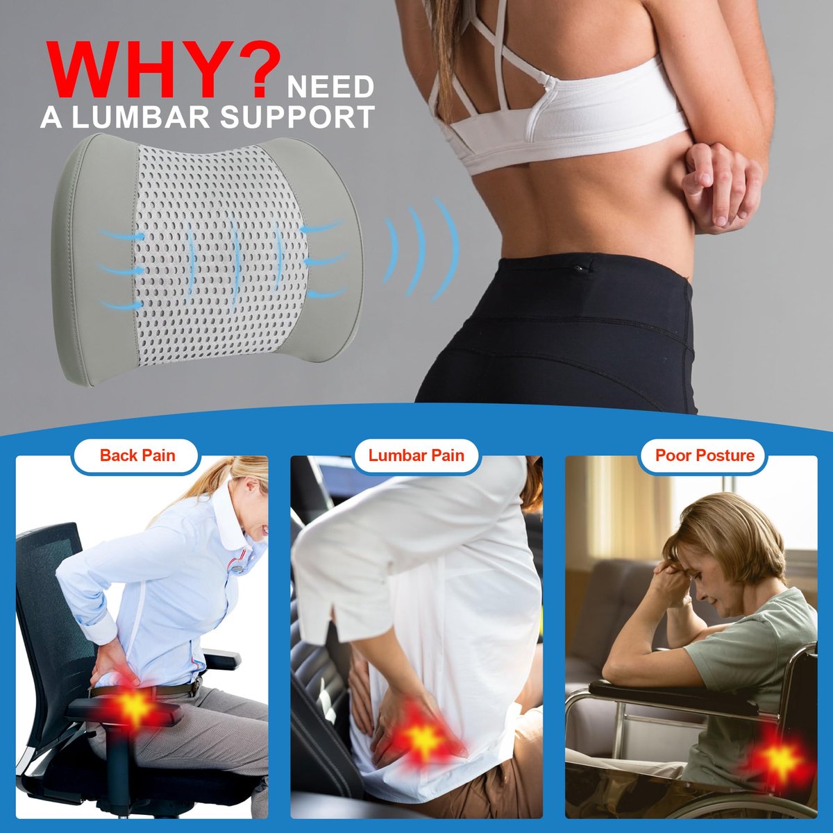 Aim Memory Foam Lumbar Support Cushion Relieves Lower Back Pain for Car, Office Chair, and Wheelchair Use, 4D Mesh Cover, Gray