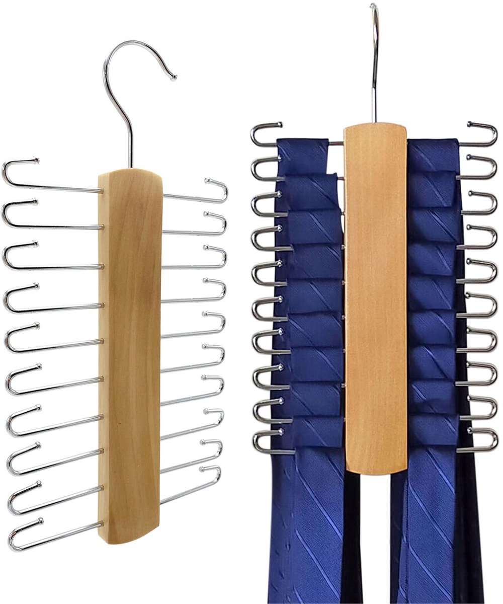 2 stuks houten stropdassenhangers met 20 stangen, 360° stropdassenhouder voor kledingkast, stropdassen, riemen, sjaals, accessoires en meer