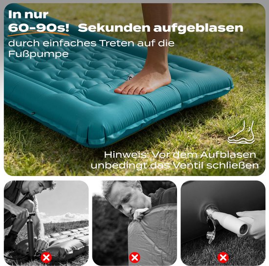 Opblaasbare Campingslaapmat met Kussen, Waterdicht en scheurbestendig 50D nylon Enkele Luchtmatras met ingebouwde voetpomp, blauwgroen, 195x72x12cm — afbeelding 3