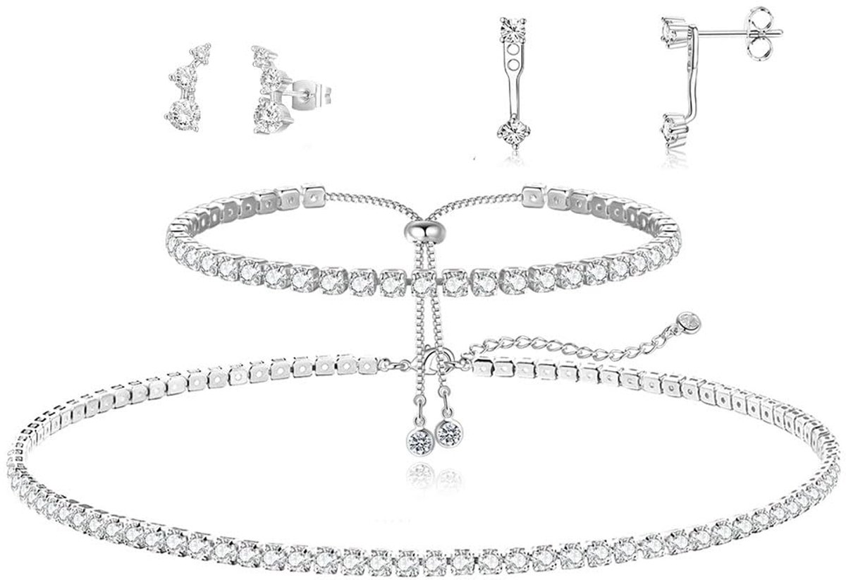 Sieradenset voor dames, tennisarmbanden, zilveren halsketting, 2 paar diamant-oorbellen, bruiloftssieraad voor bruiloft, date en verjaardag