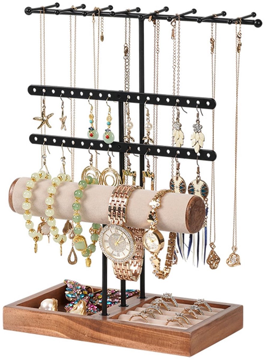Dailygoods- Sieradenstandaard 5 niveaus - Sieradendoos - Oorbellenhouder - Halskettinghouder - Armband houder - Hoogwaardig metaal en hout - Sieradenhouder