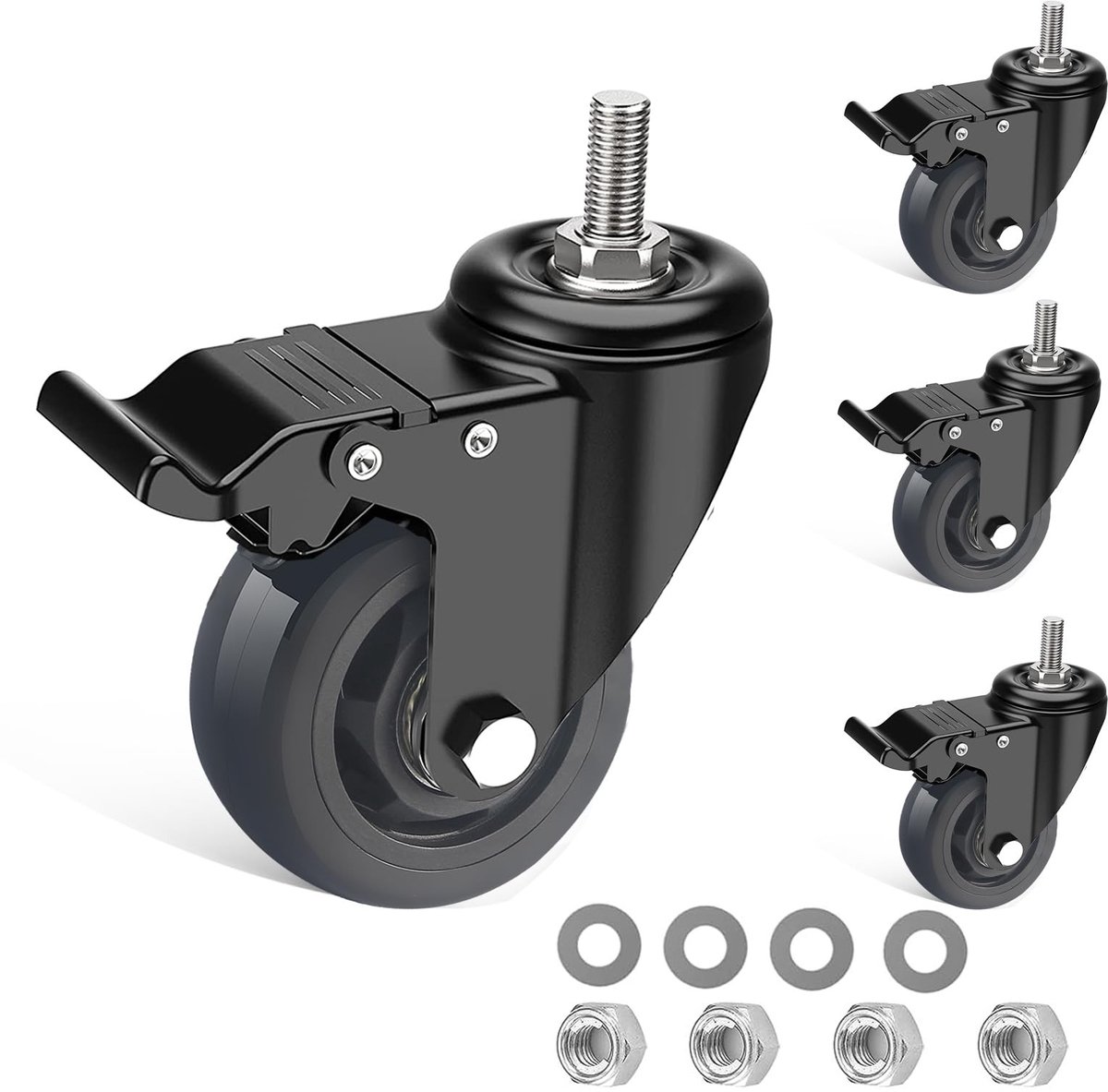 Dailygoods- Zwenkwielen 75 mm met rem - Zwenkwielen set van 4 - Meubelwielen met M10 schroef - Heavy duty wielen - 360° rotatie - Draagvermogen tot 400 kg