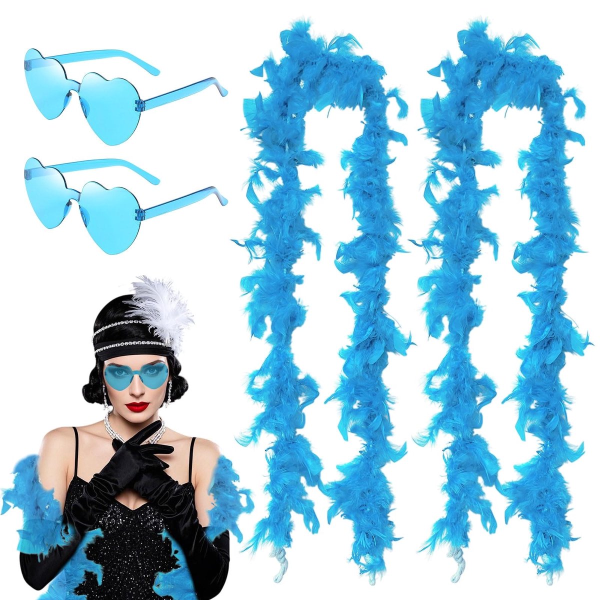 Dailygoods- Veren Boa 2 Stuks - Hartvormige Zonnebril - Blauwe Veren - Feestaccessoires - Cosplay - Bruiloft/Partij Decoratie - Feestsjaal