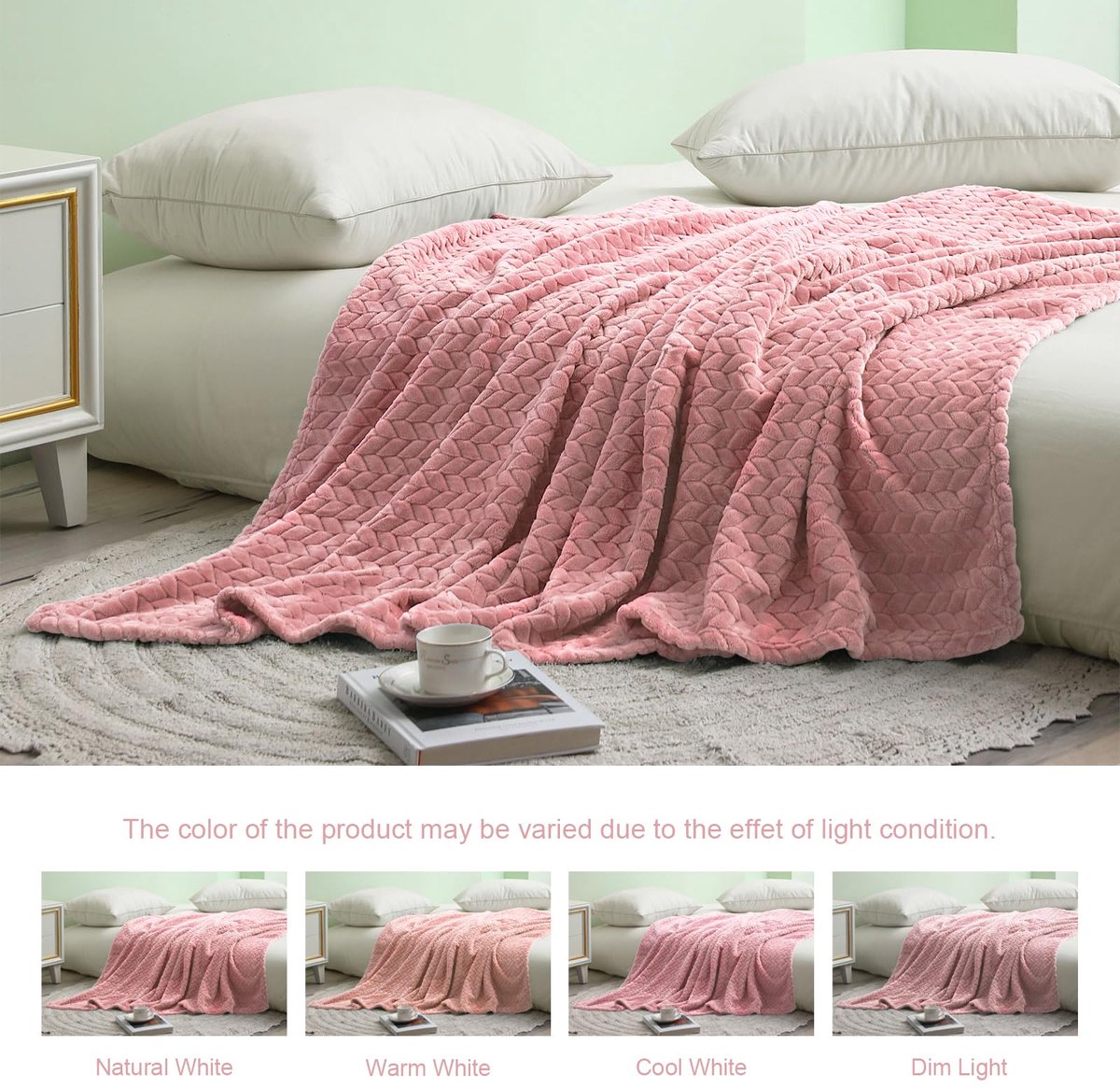 Mezcla King Size Flanellen Fleece deken, 230 x 265 cm zachte jacquard geweven bladeren patroon fluwelen pluche beddeken, roze deken
