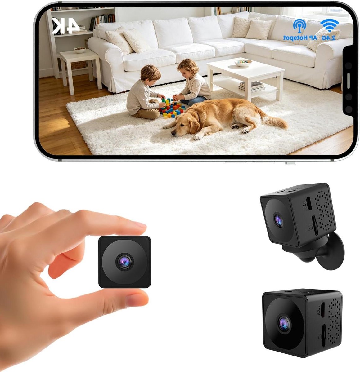 Mini Camera - Beveiligingscamera Draadloos - Thuis Bewaken - 4K Ultra HD - 150 Graden Kijkhoek - Zwart