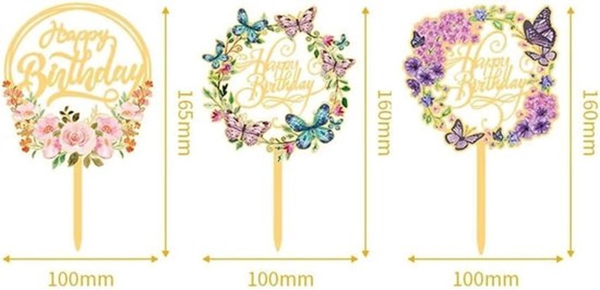 -3 stuks bloemen taarttoppers - Gelukkige Verjaardag - verjaardagsfeest bruiloft taartdecoratie - acryl - taarttopper - Gelukkige Verjaardag - geschikt voor diverse taarten - bruiloft verjaardag - 7,87 x 4,92 x 0,51 inch