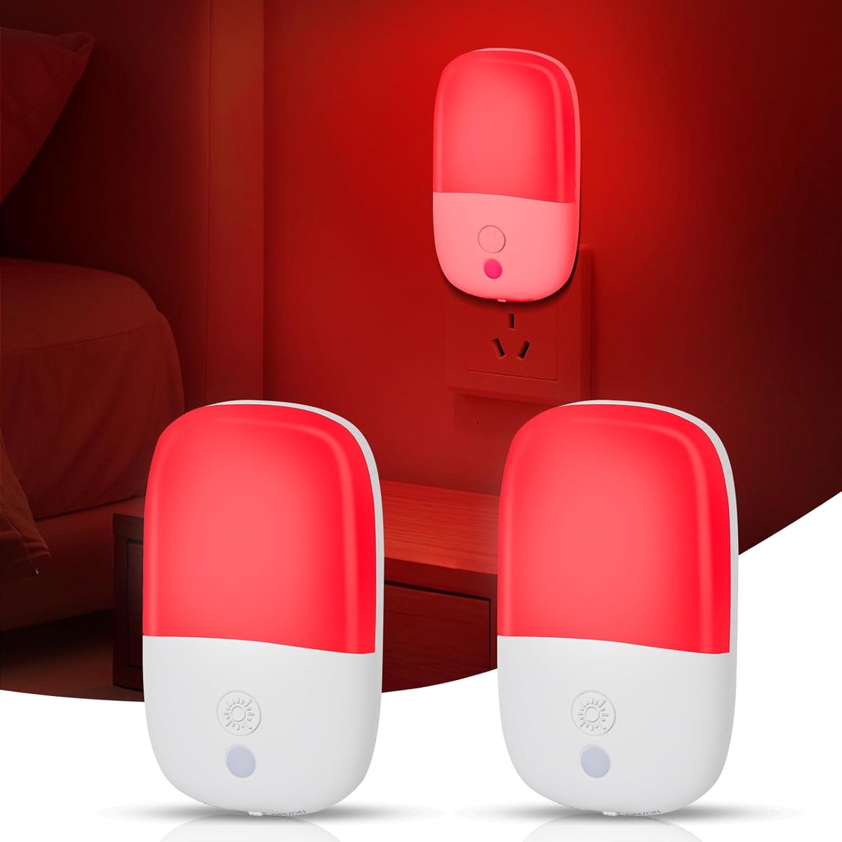 2-Pack 670nm Rood Nachtlampje voor Slaap, met Schemersensor Automatisch Aan/Uit, Zacht Rood Slaaplicht voor Babykamer, Slaapkamer, Gang en Badkamer