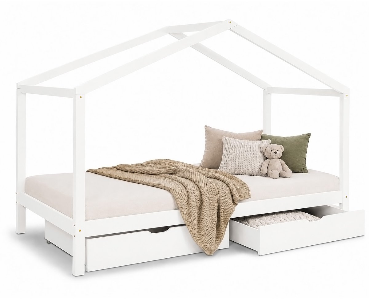 Homestyle4u Kinderbed 90x200 cm - Huisbed met Matras - Bedkast - Wit