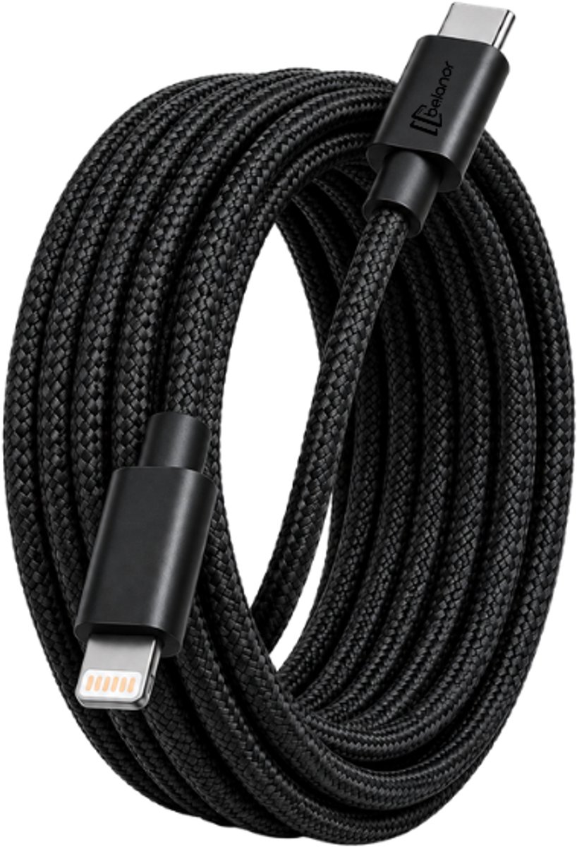 Belanor Lightning Kabel 1 Meter - USB C naar Lightning Oplaadkabel - Geschikt voor iPhone 14/13/12/11/X - Gevlochten - Zwart