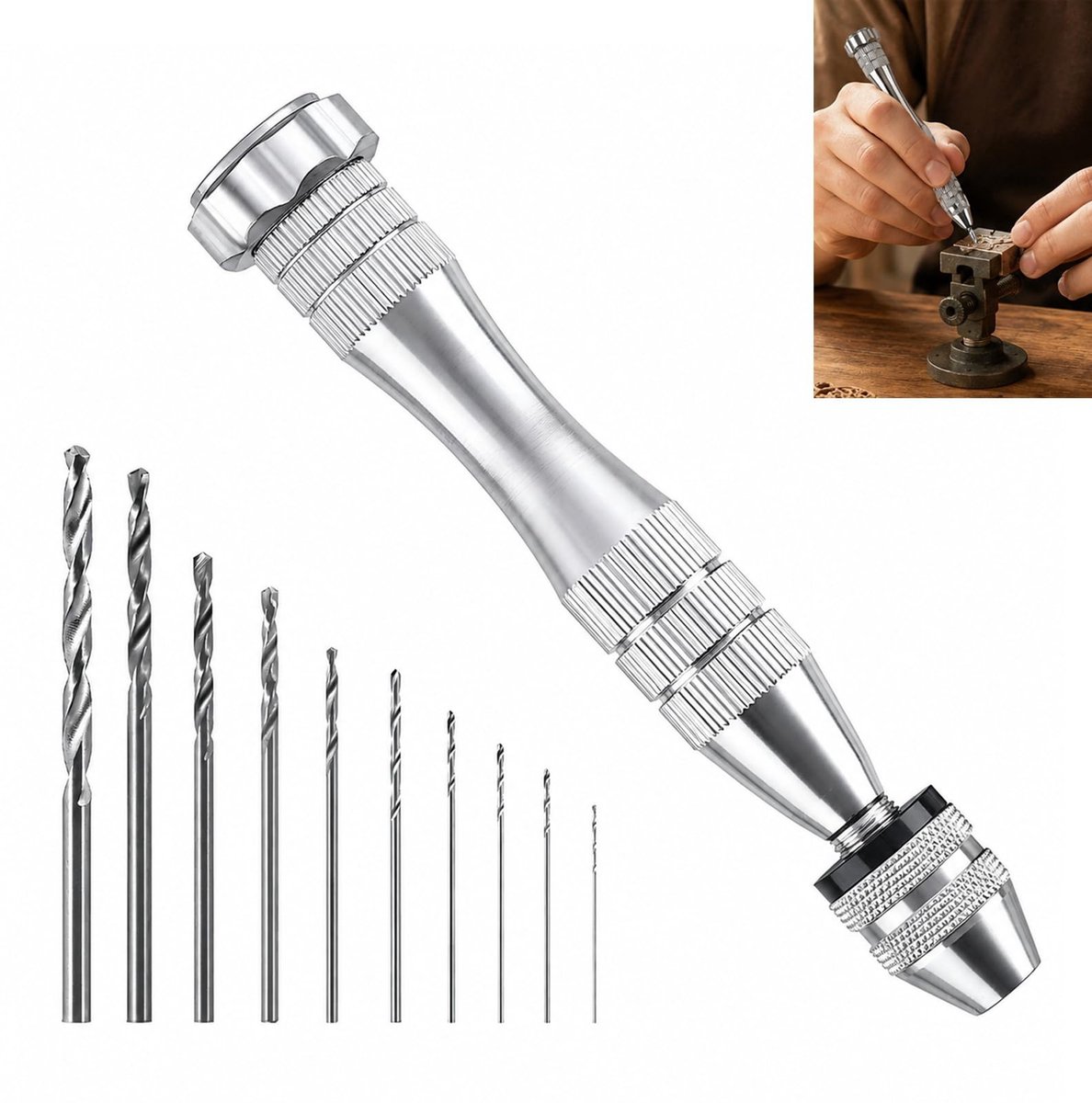 Solidchoice - Mini precisie handboor met 10 boren van 0,8 tot 3 mm