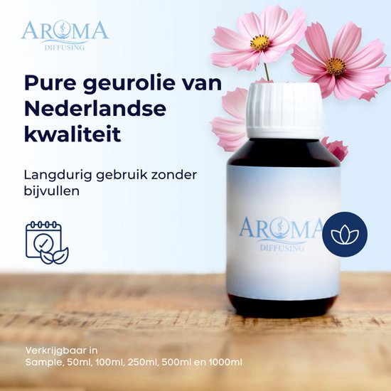 Flesje met "Aroma Diffusing" geurolie, omringd door roze cosmea bloemen, met tekst over Nederlandse kwaliteit.