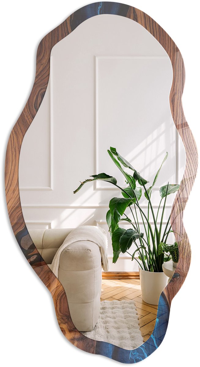 Coloray Houtwater Spiegel - Bruin Elegante Rechthoekige Wandspiegel - Organische Spiegel - Woonkamer, Kantoor, Hal - Abstract - 45x90 cm - Totale afmeting 52x97 cm