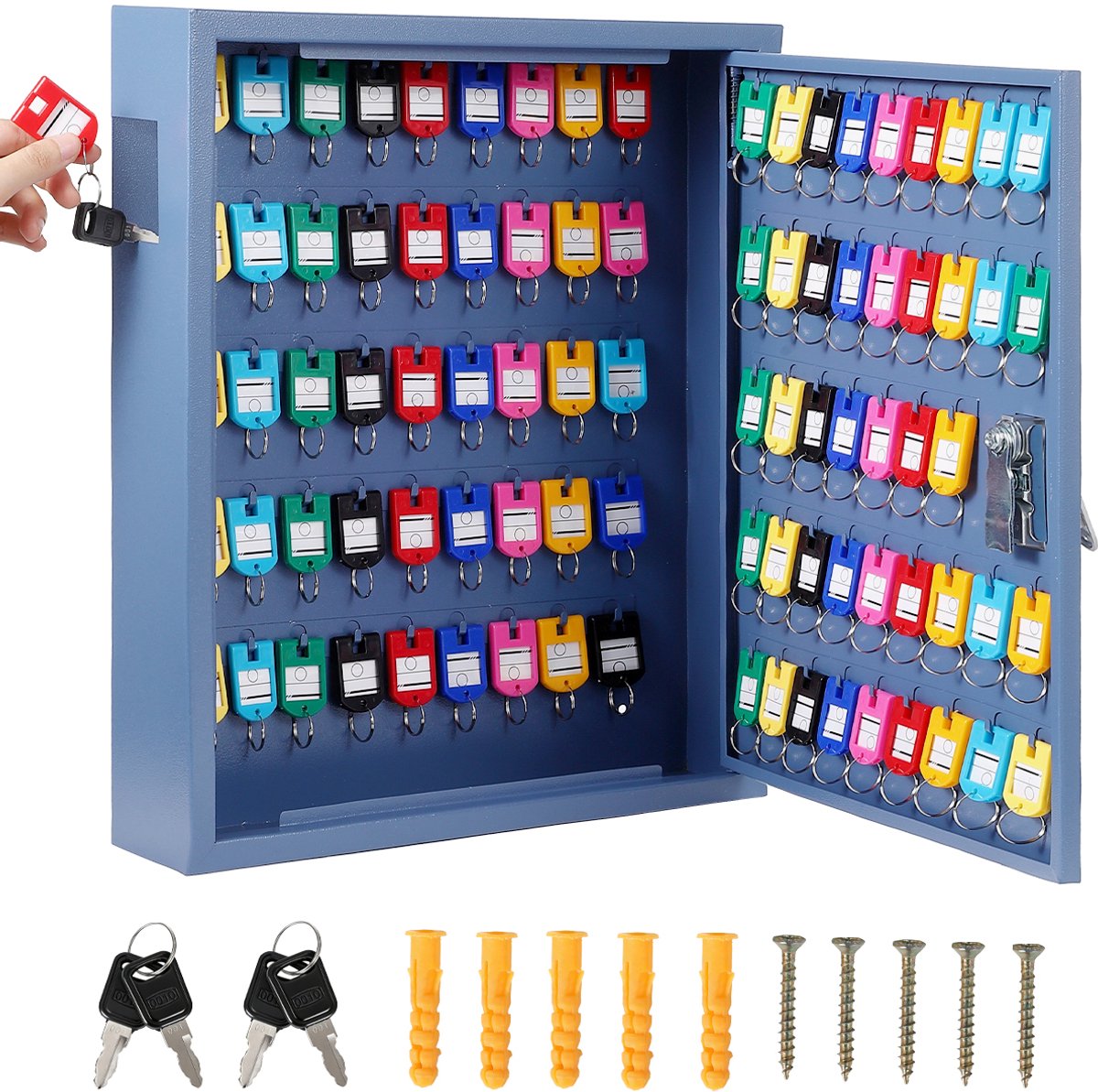 HoerFuriy - Wandgemonteerde Sleutelkast Met Slot - Zware Stalen Sleutelopbergkast - Genummerde Haken En Gekleurde Sleutelhangers - Blauw 88 Hooks