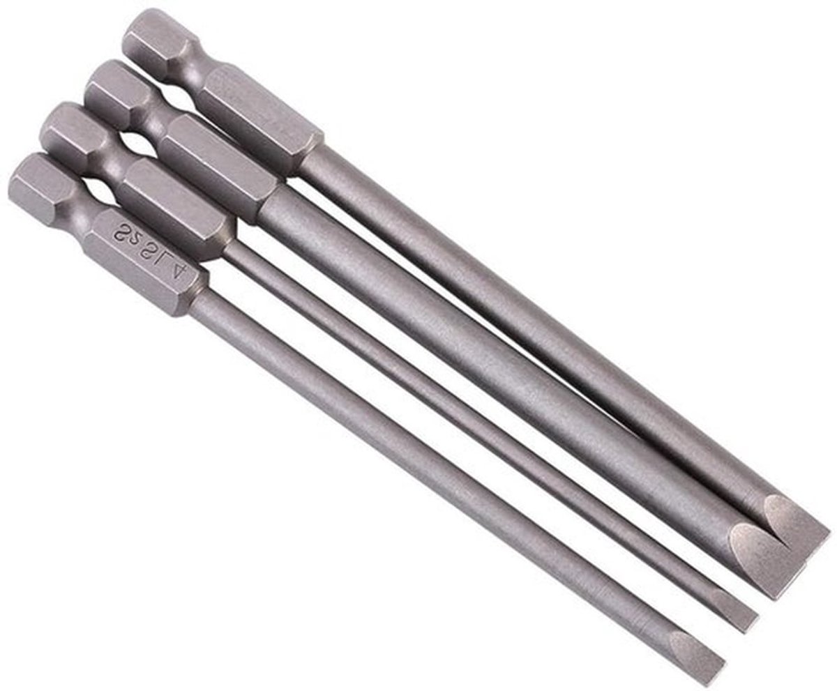 Schroevendraaierinzetstukken - Sleufpunt - Gelegeerd staal - Hex - Magnetisch - Schroevendraaier - 4 stuks - 100 mm - 1/4 inch - 3 mm-6 mm - Batchkop - Zeskantige schacht - Geschikt voor machines met platte kop - Grijs.