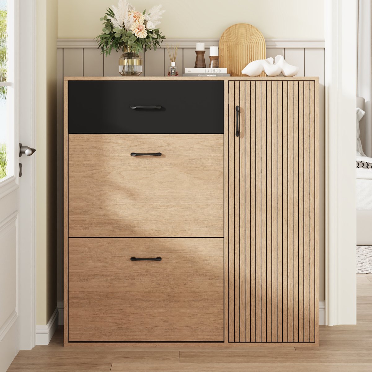 Schoenenkast Smal Staand Met 1 Lade En 2 Kleppen - 5 Vakken En Ruime Opbergruimte Voor Hal En Woonkamer - Houtkleur Zwart - 100x35x106 Cm