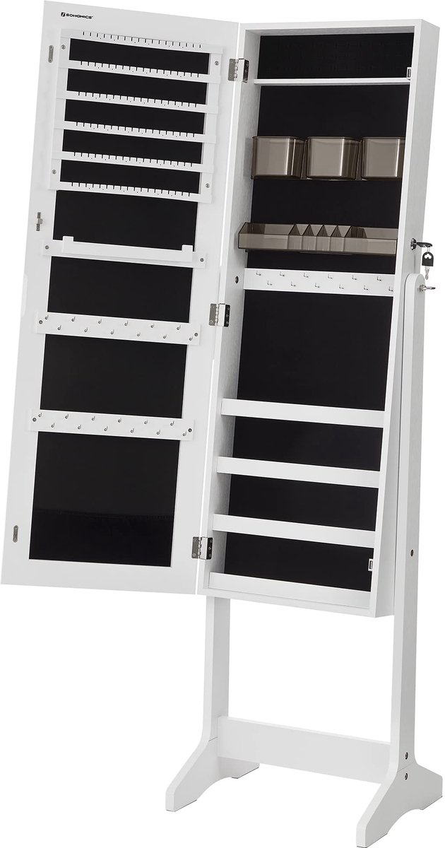 Famanu – Sieradenkast met staande spiegel, 2 aparte make-up-organizers, frameloze full-body spiegel, afsluitbaar, wit, ideaal voor het opbergen van sieraden